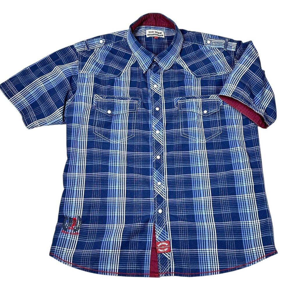 Bare Denim Pearl Snap Button Down Shirt Mens Large Plaid Blue White Short Sleeve